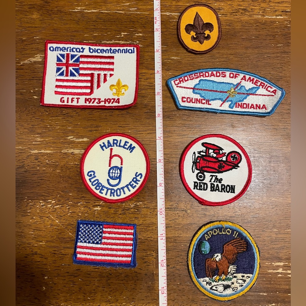 Vintage Patches— Sewing, Arts&Crafts, Boy Scouts, Indiana, American Flag, Jean
